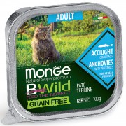 Monge Cat BWild GRAIN FREE беззерновые консервы из анчоусов с овощами для взрослых кошек 100гр.